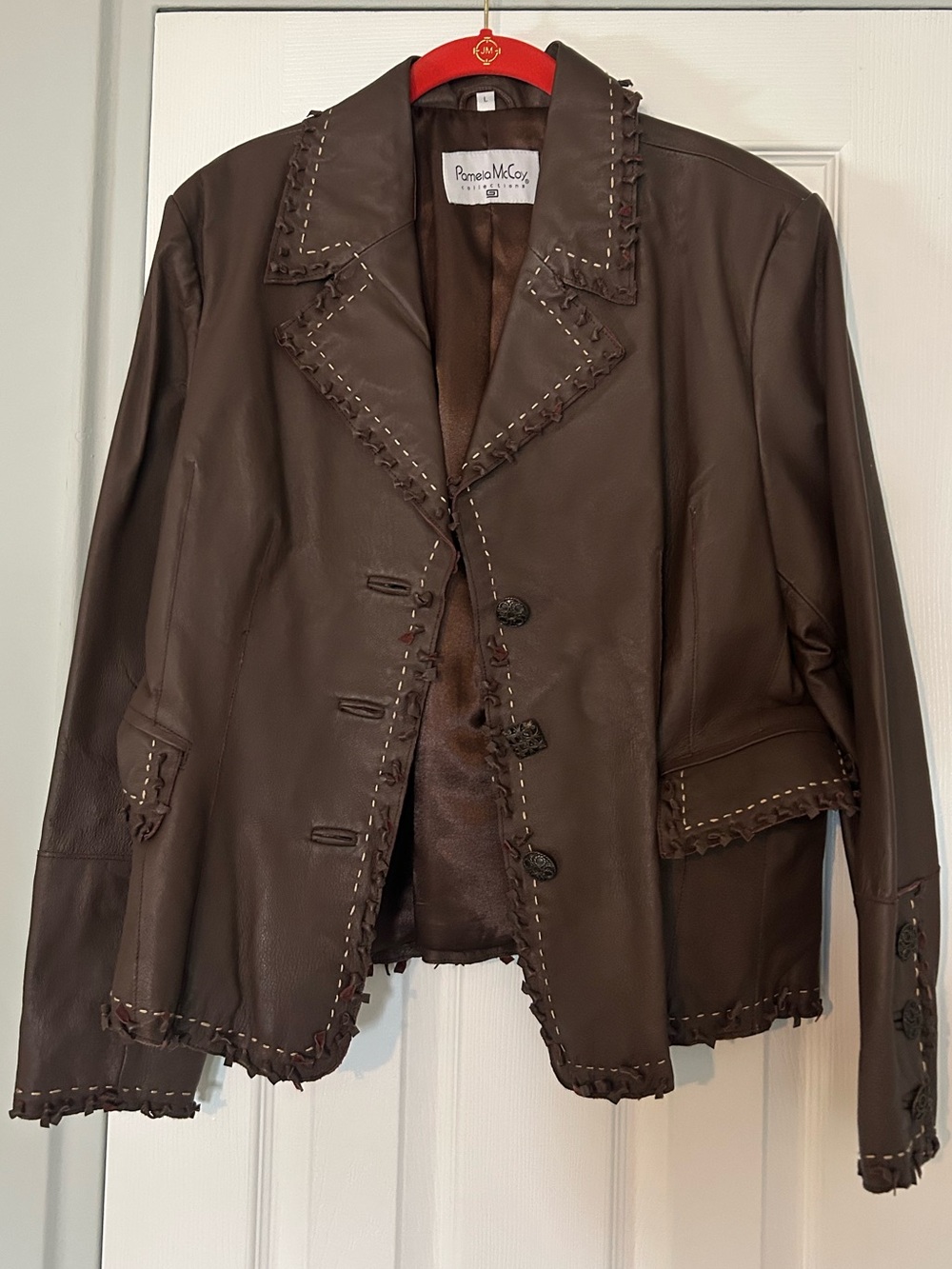 Pamela McCoy Brown Leather Jacket with Decorative Whipstitch Fully Lined